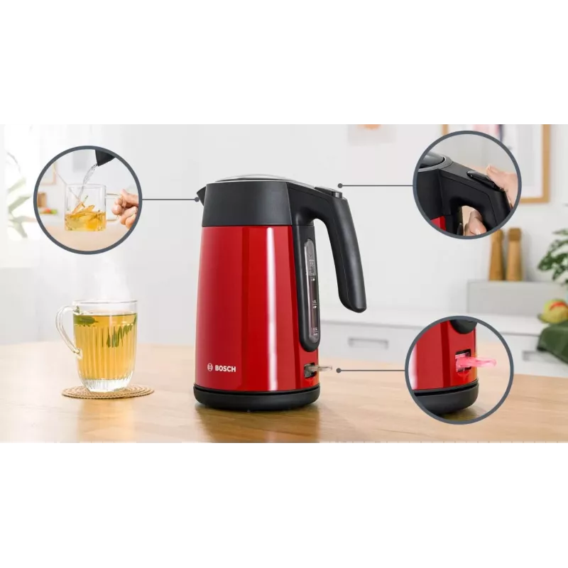 Sähköinen vedenkeitin Bosch TWK7L464 – 1,7 l tilavuus, 2400 W, punainen, muovikotelo