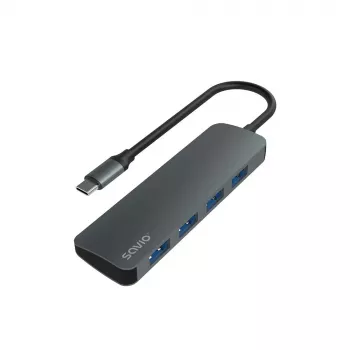 USB-keskitin SAVIO AK-54 — 4 x USB-A (USB 3.2 Gen 1), USB-C-isäntä, musta