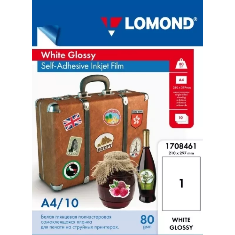 Itseliimautuva PET-kalvo Lomond 1708461 A4 valkoinen kiiltävä, 10 arkkia