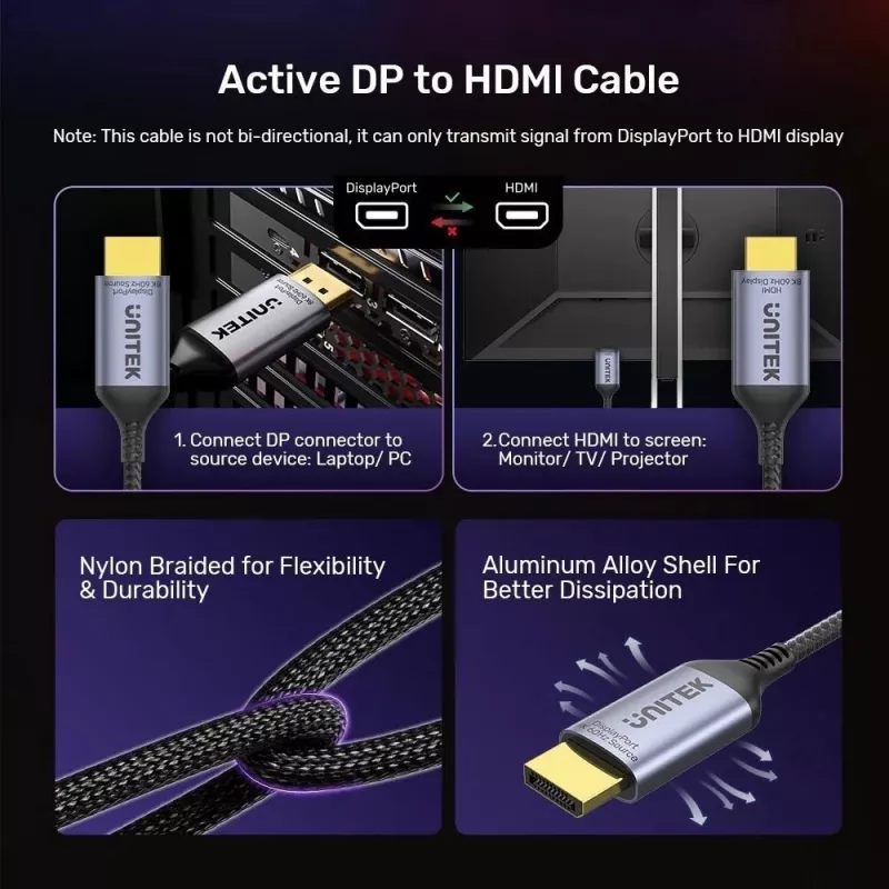 UNITEK KAAPELI DISPLAYPORT 1.4 - HDMI 2.1, 8K, 1,8 M