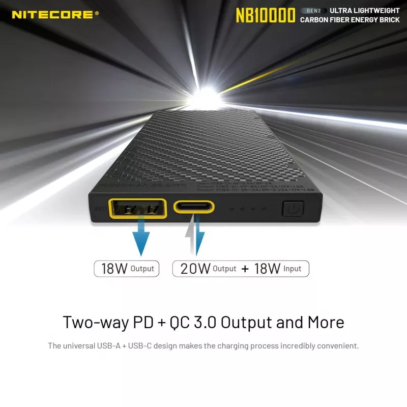 Kannettava varavirtalähde Nitecore NB10000 — 10000 mAh, USB‑A + USB‑C, 38 W kokonaisteho, harmaa