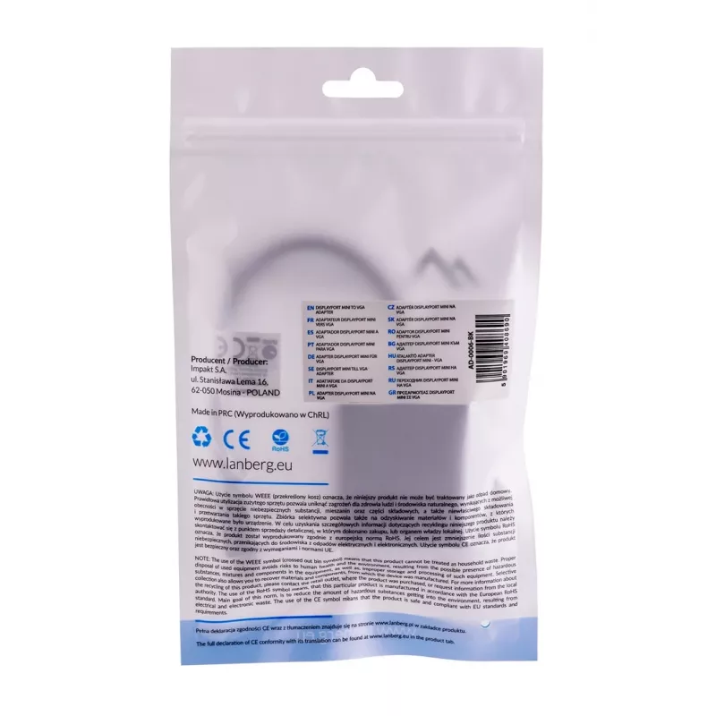 VGA (D-Sub) - Mini DisplayPort -adapterikaapeli LANBERG AD-0006-BK, 0,2 m, DisplayPort 1.2, 1920×1200@60Hz, MiniDP-pistorasia, musta