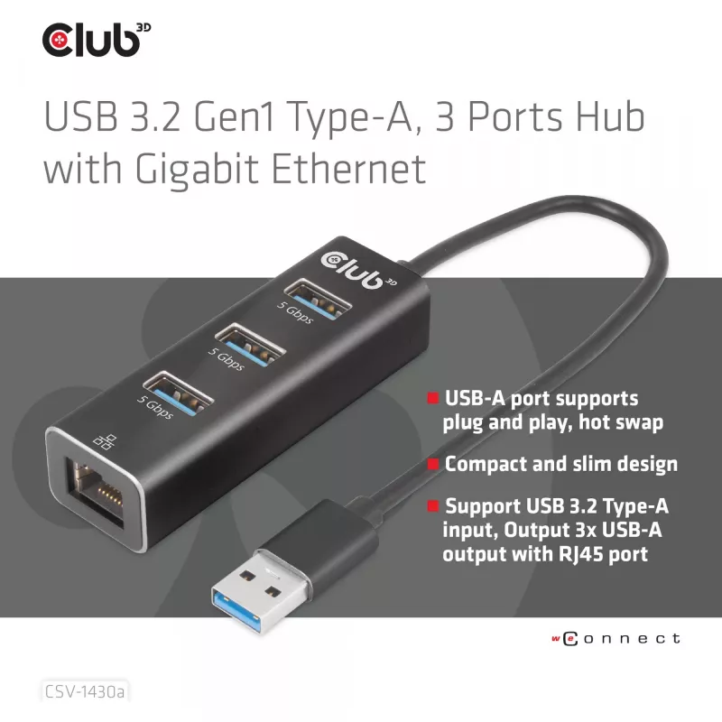 USB-keskitin CLUB3D USB 3.2 Gen1 Type-A 3 liitännällä ja gigabitin Ethernet