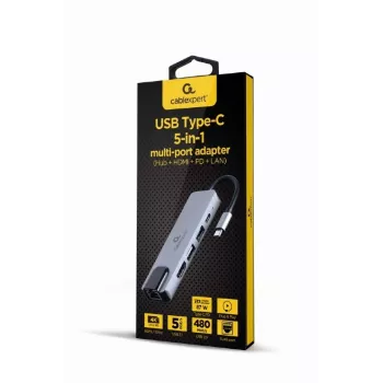 Kannettavan telakka Gembird A-CM-COMBO5-04 — USB 3.2 Gen 1 Type-C, 5 Gbit/s, PD 87 W, HDMI, Ethernet, USB-A