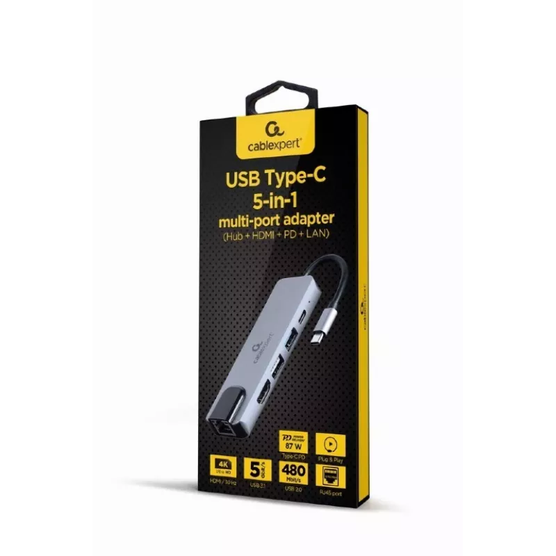 Kannettavan telakka Gembird A-CM-COMBO5-04 — USB 3.2 Gen 1 Type-C, 5 Gbit/s, PD 87 W, HDMI, Ethernet, USB-A