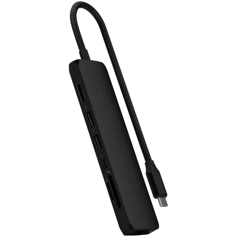 Satechi 7-in-1 USB-C ohut multiport-sovitin Ethernet (USB-C PD, 2x USB-A, HDMI 4K, Ethernet, kortinlukija micro/SD) (musta)