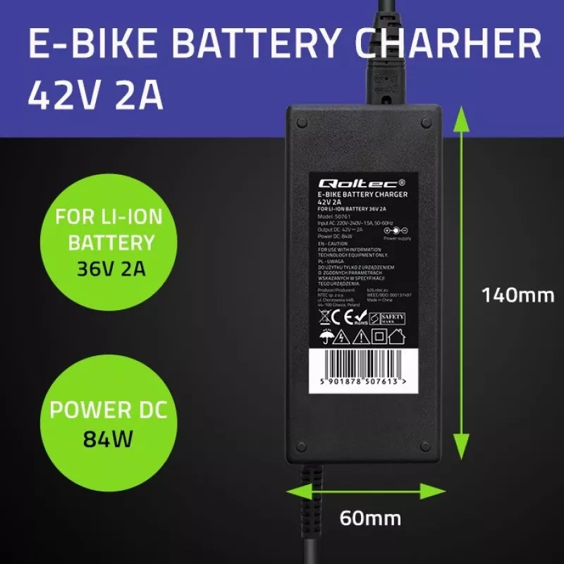 Qoltec 50761 sähköpyörän akkulaturi 36V | 42V | 2A | 5,5*2,5
