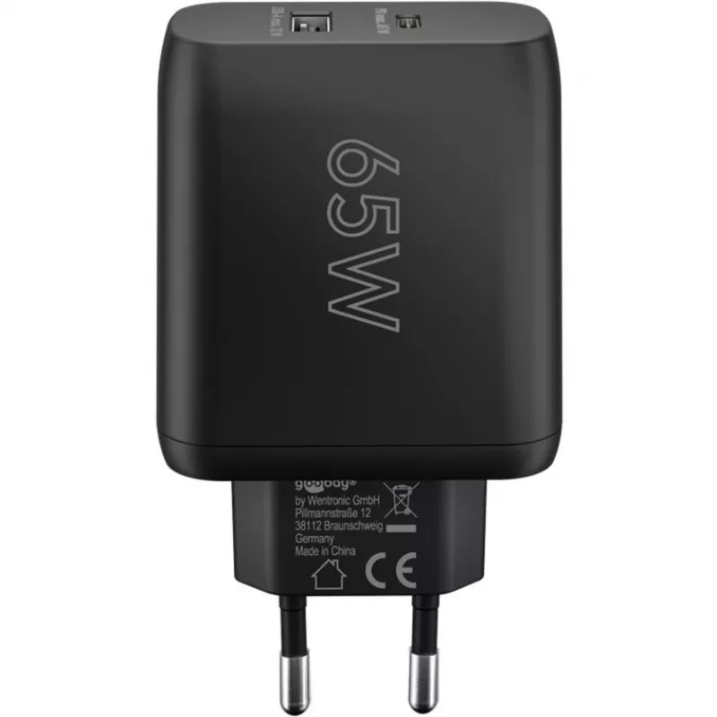 USB-C-pikalaturi, PD, GaN, 65 W (musta, 1x USB-C, 1x USB-A, Power Delivery)