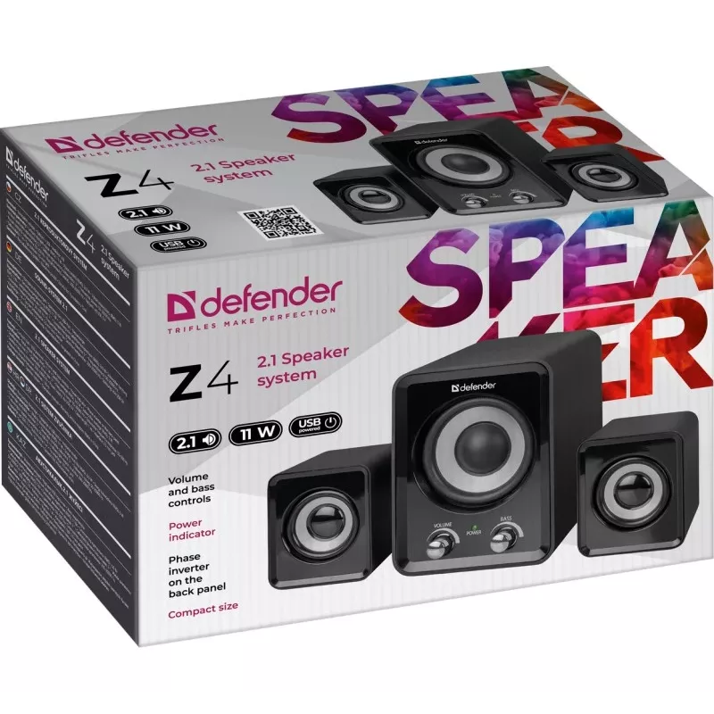 Johdolliset DEFENDER Z4 2.1 -kaiuttimet, 11 W RMS, musta, USB 5V virtalähde, 3,5 mm kuulokelähtö