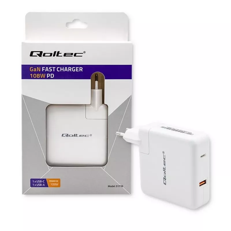 Qoltec GaN-laturi FAST 108W | 5-20V | 3-4.7A | USB C | valkoinen