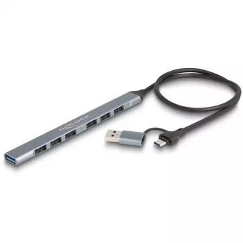 Delock 64273 ohut 7-porttinen USB-keskitin, USB Type-C tai Type-A -> 1x USB 5 Gt/s Type-A + 6x USB 2.0 Type-A