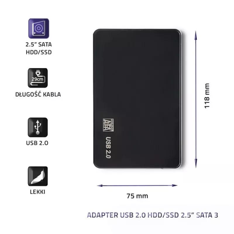 Kiintolevyadapteri QOLTEC 51862 USB 2.0 2,5 tuuman SATA3-HDD/SSD