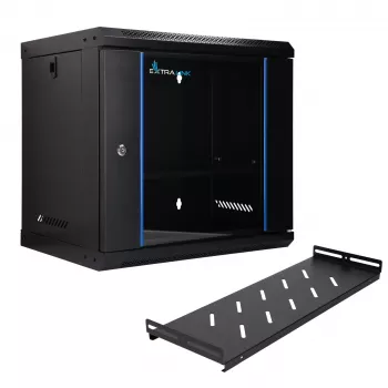 EXTRALINK LITE 9U 530X400 seinäasennettava räkkikaappi musta hyllyllä