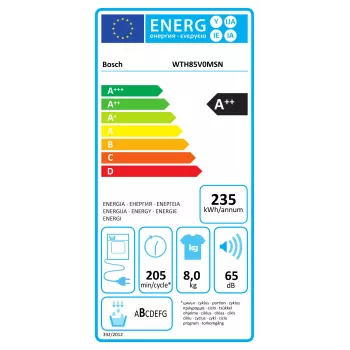 Bosch lämpöpumppukuivausrumpu | WTH85V0MSN | energiatehokkuusluokka E | edestä täytettävä | 8 kg | LED | syvyys 61 cm | valkoinen