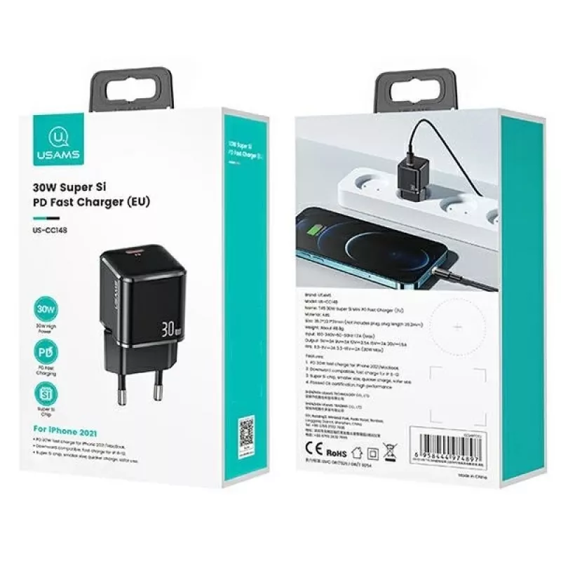 Seinä laturi usams T45 30W USB‑C PD3.0 älypuhelimille ja tableteille