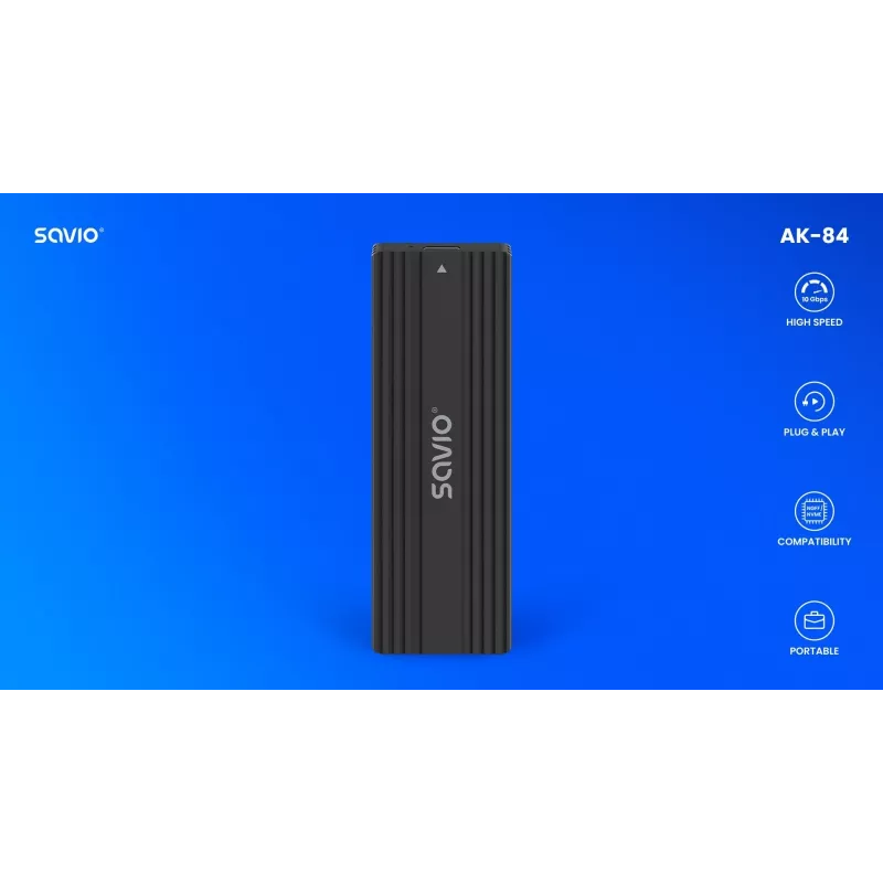 SSD-kotelo SAVIO AK-84 musta M.2-asemille, USB 10 Gbit/s (Type-A / Type-C), alumiini + ABS