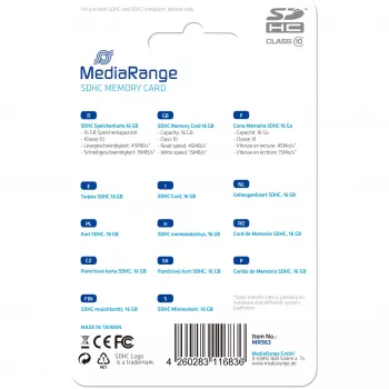 Muistikortti MediaRange 16GB SDHC Class 10 MR963