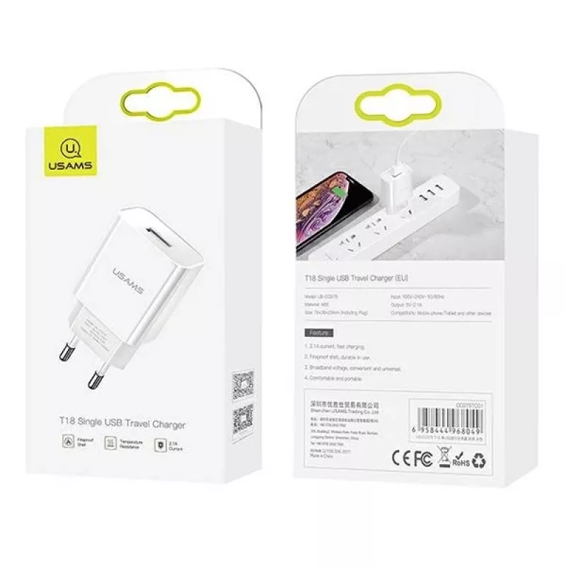 Laturi usams T18 single USB 2.1A vain pää