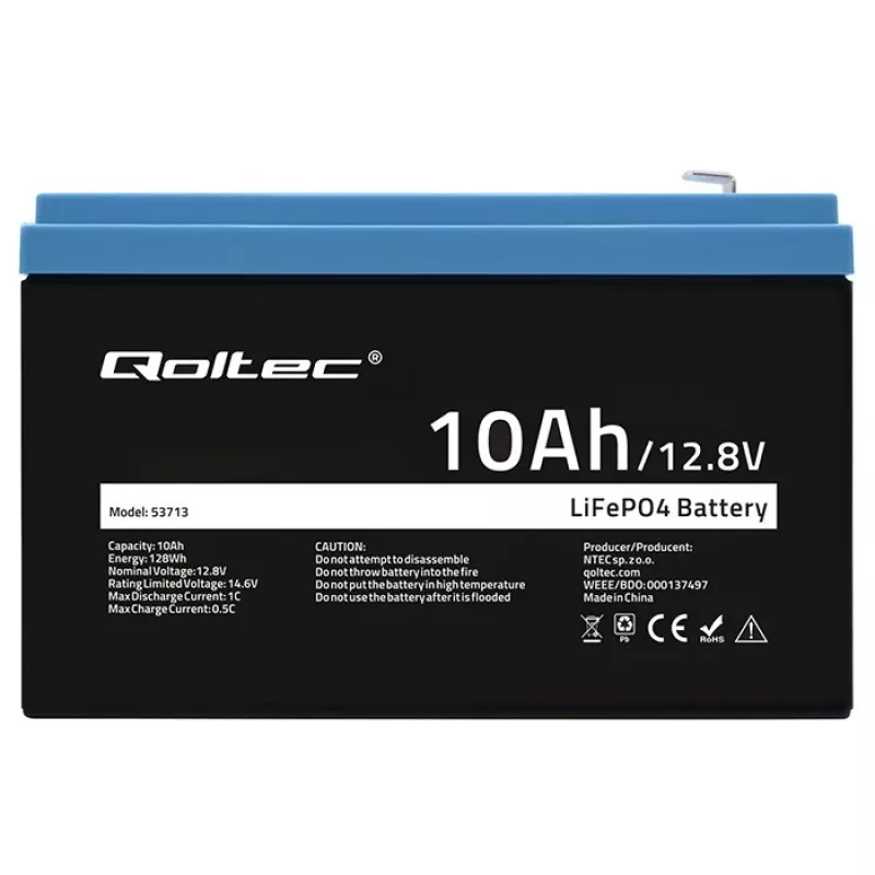 Akkupaketti LiFePO4 QOLTEC 10Ah 12,8V 128Wh integroidulla BMS:llä
