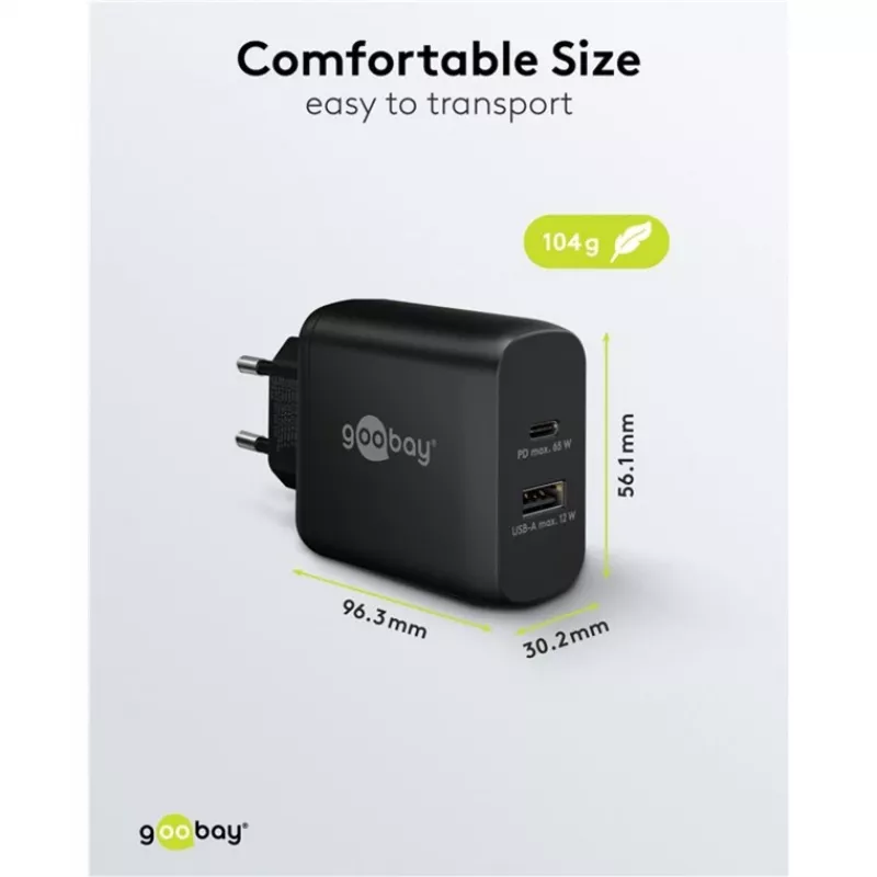 USB-C-pikalaturi, PD, GaN, 65 W (musta, 1x USB-C, 1x USB-A, Power Delivery)