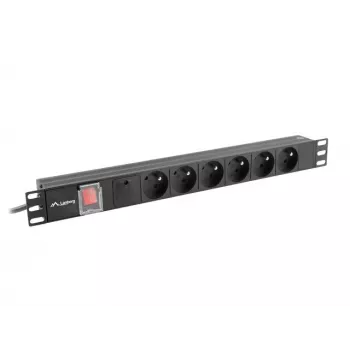Virranjakoyksikkö LANBERG PDU-06E-0200-BK — 6x Type-E lähtöä, 16 A, 2 m kaapeli, 1HE rack, 220–250 V