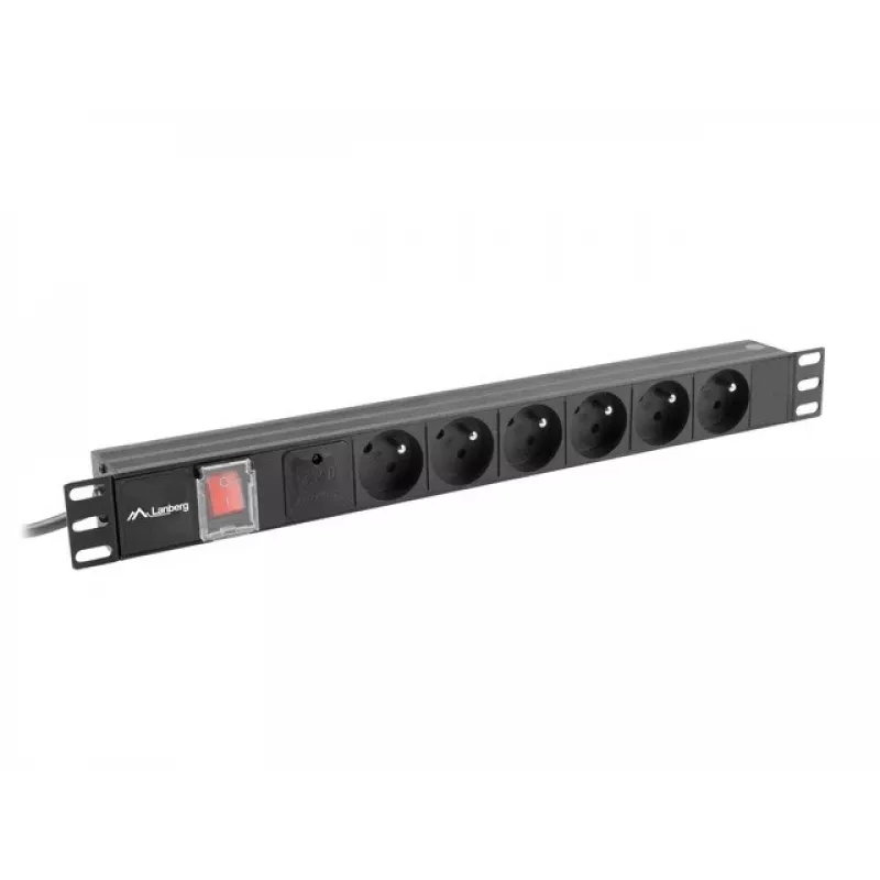 Virranjakoyksikkö LANBERG PDU-06E-0200-BK — 6x Type-E lähtöä, 16 A, 2 m kaapeli, 1HE rack, 220–250 V