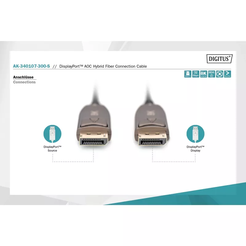 DisplayPort AOC hybridi-kuituoptinen kaapeli, UHD 8K (musta, 30 metriä)