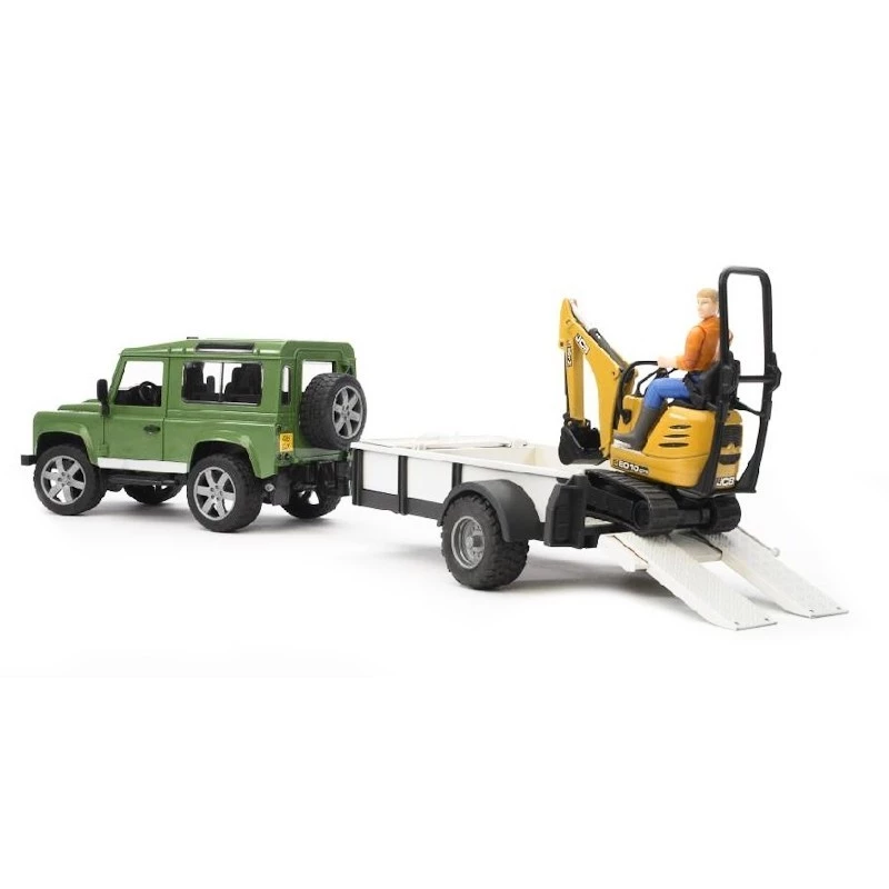 BRUDER Land Rover Defender CAT-perävaunulla ja hahmolla leluajoneuvo
