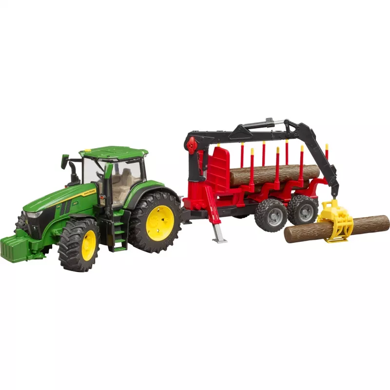 BRUDER John Deere 7R 350 metsäperävaunulla ja 4 puunrungolla