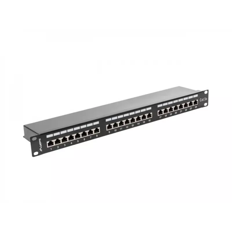 Patch-paneeli 1U LANBERG PPS5-1024-B — 24-porttia RJ-45 Cat5, metalli, musta, räkkiasennus