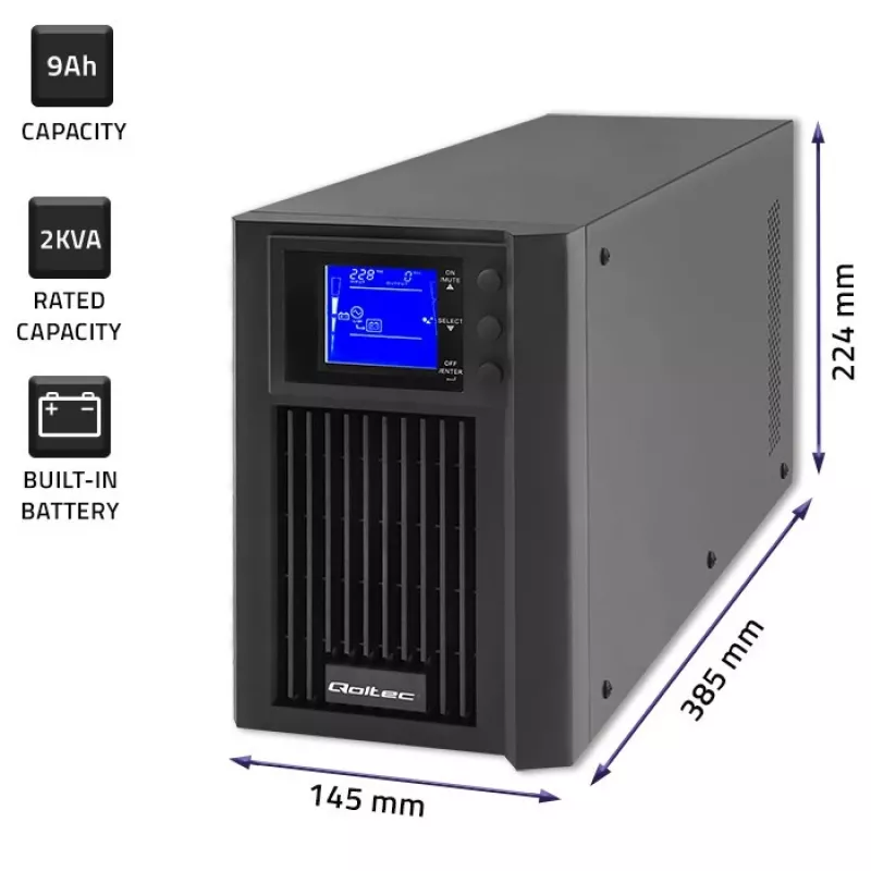 Keskeytymätön virransyöttö QOLTEC 53981 On line 2kVA, 2000 VA kapasiteetti
