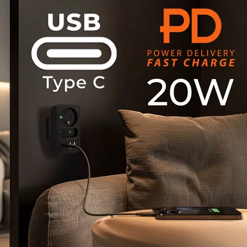 Virranjakaja MACLEAN MCE249 F/B – 2 AC-pistorasiaa (16A + 6A) ja 2×USB-A ja 2×USB-C PD 20W, EU-pistoke, musta