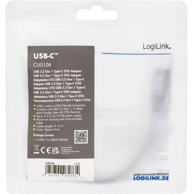 LogiLink USB 3.2 Gen1 Type-C-sovitin C/M - USB-A/F OTG alumiini 0,15 m