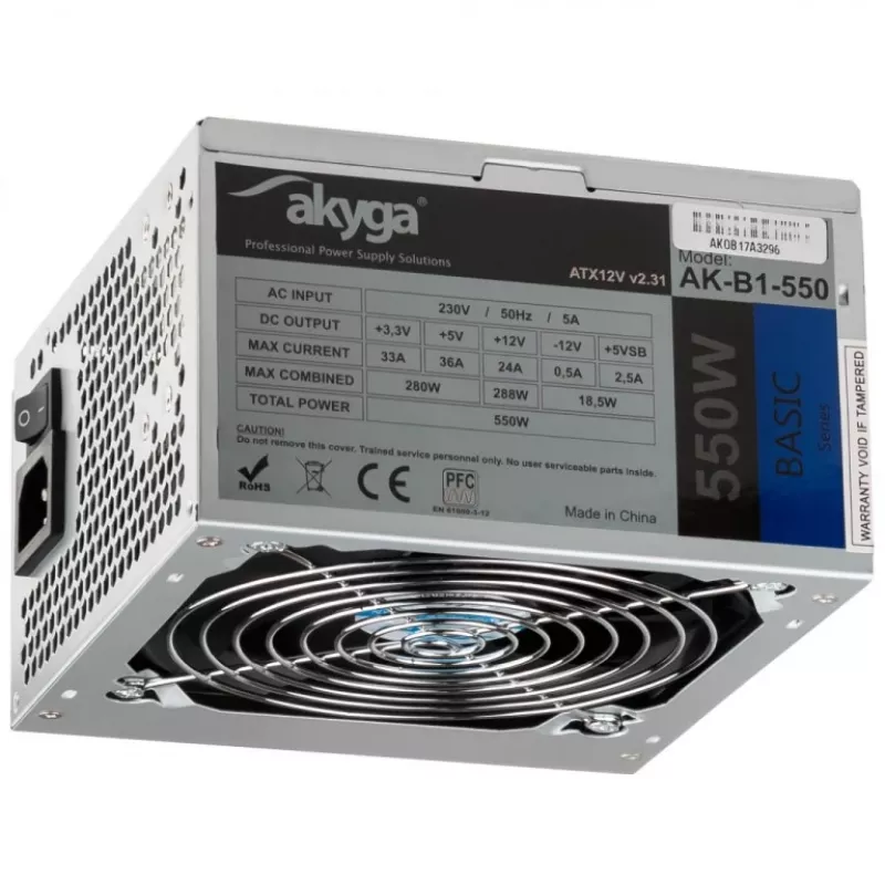 Akyga Basic AK-B1-550 ATX-virtalähde 550 W, 120 mm tuuletin, passiivinen PFC, harmaa