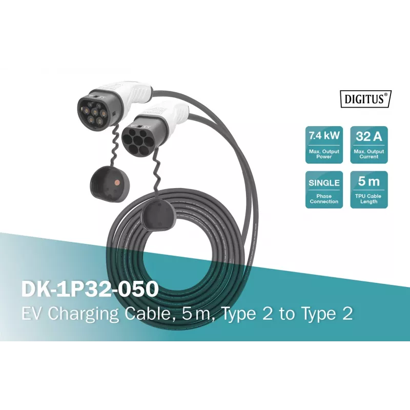 Digitus EV-latauskaapeli 5 m Type 2 - Type 2 32 A 240 V