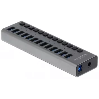 DeLOCK ulkoinen USB 5 Gbit/s -keskitin, jossa 13 porttia + kytkin, USB 3.2 Gen 1 (3.1 Gen 1) Type-B, USB 3.2 Gen 1 (3.1 Gen 1) Type-A, 5000 Mbit/s, harmaa, alumiini, 1 m