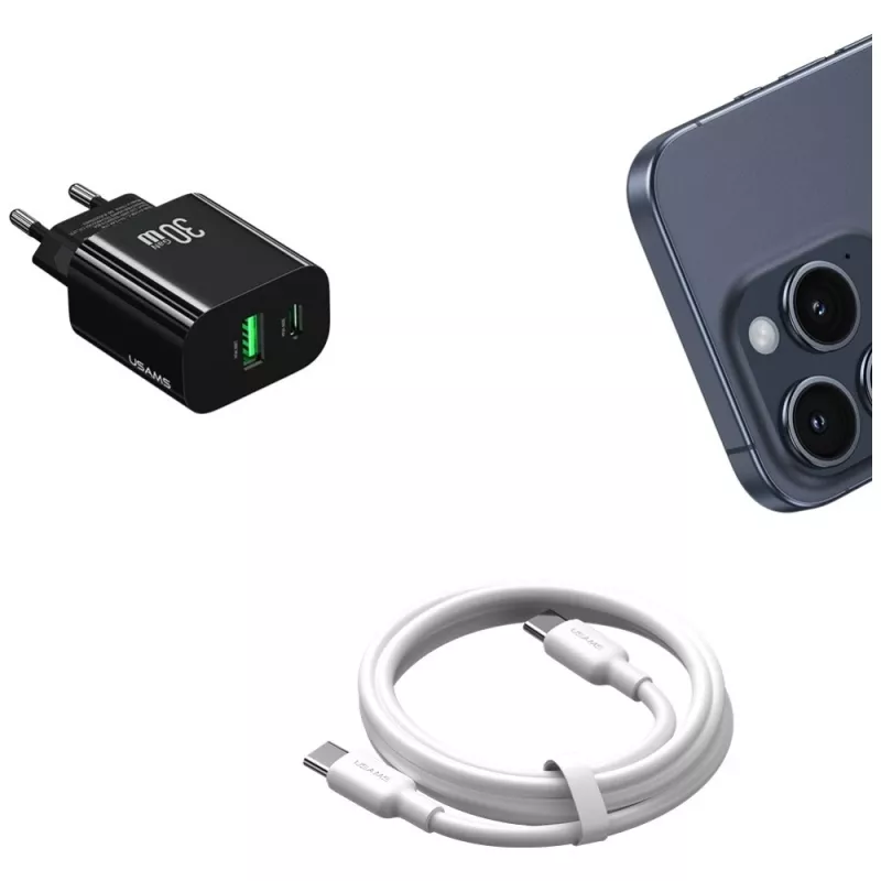 USAMS-laturi USA001631 30W 1x USB-C ja 1x USB-A pikalataus