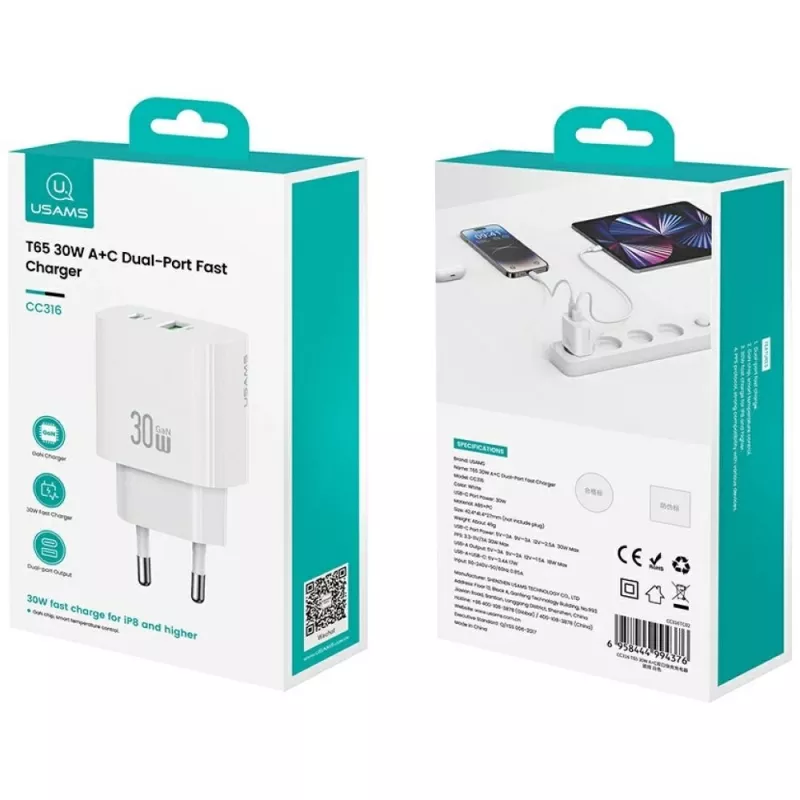 Laturi usams USA001632 30W 1×USB-C 1×USB-A pikalataus