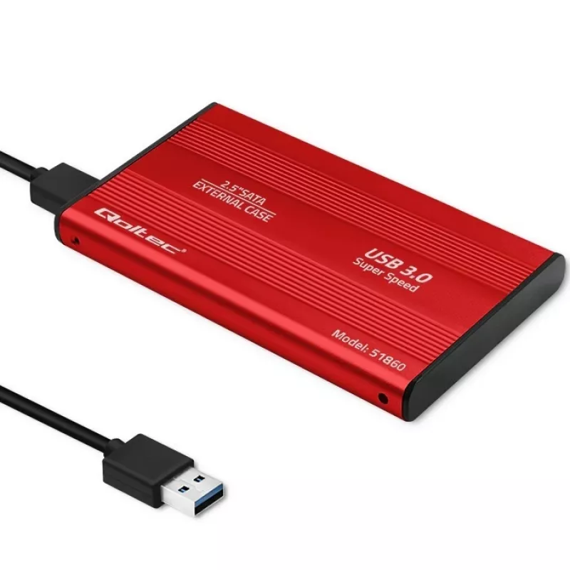 HDD/SSD-kotelo QOLTEC 51860 2,5 tuuman SATA III -asemille, USB Type-A, 5 Gbit/s, alumiini, punainen