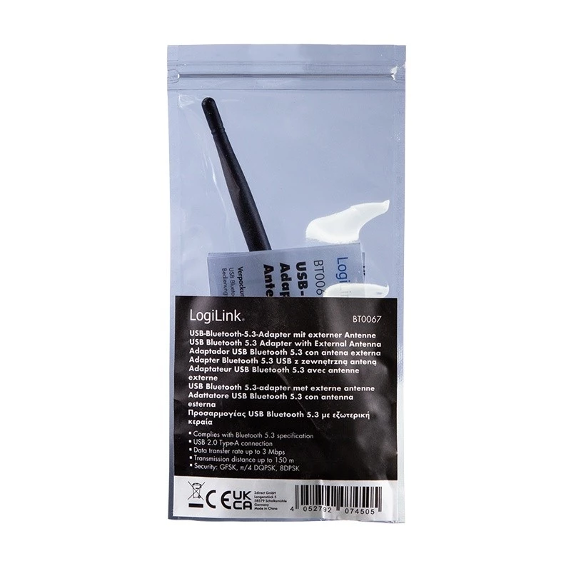 LogiLink USB - Bluetooth 5.3 -adapteri antennilla, musta kantama: 150 m, liitäntä: USB-A-uros, Bluetooth - 1 kpl (BT0067)