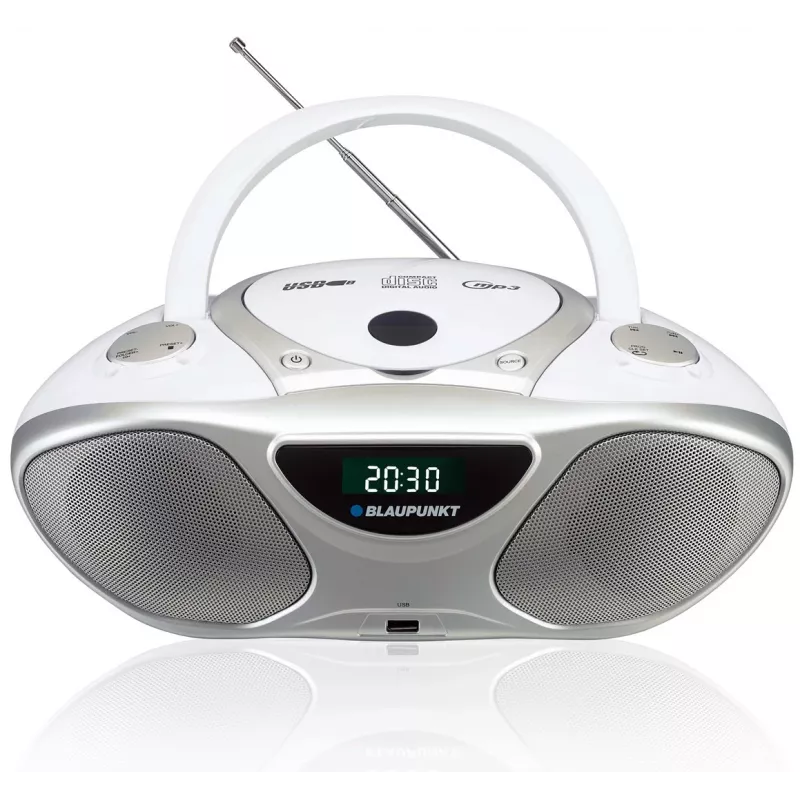 CD-tallennin BLAUPUNKT BB14WH — CD-tallennin MP3-toistolla, USB, LCD, kello, 2x1 W kaiuttimet, hopea/valkoinen