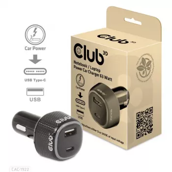 CLUB3D kannettavan tietokoneen autolaturi 63 wattia, auto, savukkeensytytin, 24 V, musta