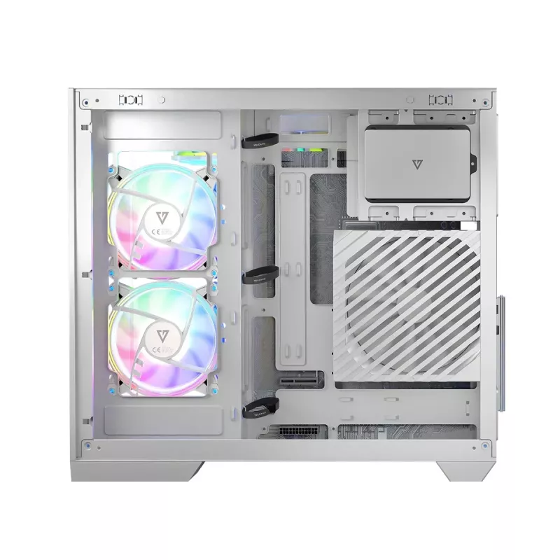 PC-kotelo MODECOM Volcano Panorama Midi Tower valkoinen — micro ATX, karkaistu lasi, ARGB, USB-C, tukee GPU 400 mm