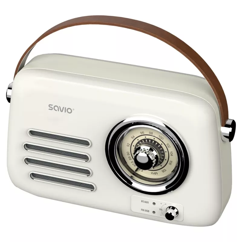 Kannettava radio SAVIO RS-02 — analoginen FM-viritin, Bluetooth 5.3, USB-virtalähde, 3 W, valkoinen