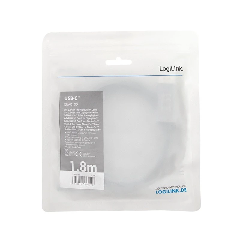 LogiLink CUA0100 kaapeliadapteri DisplayPort USB 3.2 Gen1 Type-C 1,8m musta harmaa