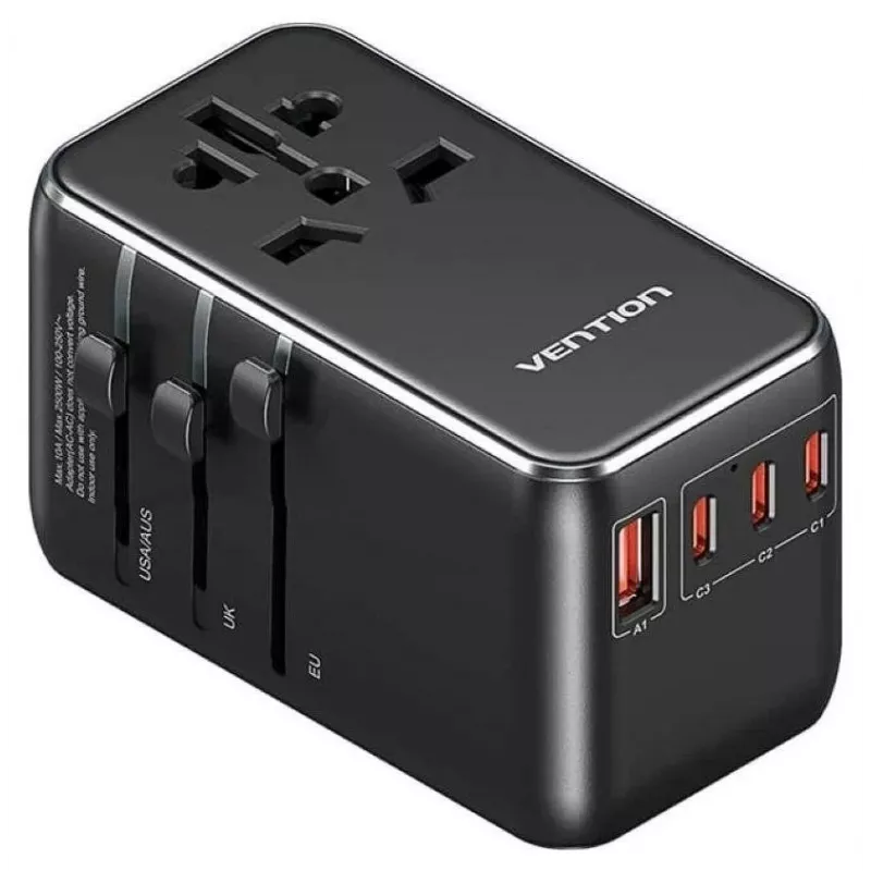 Laturi Vention FJGB0 100W GaN 3× USB-C ja 1× USB-A, musta