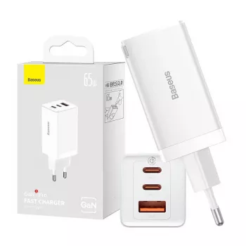 Seinäverkkovirtalaturi Baseus GaN5 Pro 65W — USB + 2×USB-C (QC3.0, PD3.0) 1m USB-C-kaapelilla, valkoinen