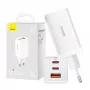 Seinälaturi Baseus GaN5 Pro 65W — USB + 2×USB-C (QC3.0, PD3.0) 1m USB-C-kaapelilla, valkoinen