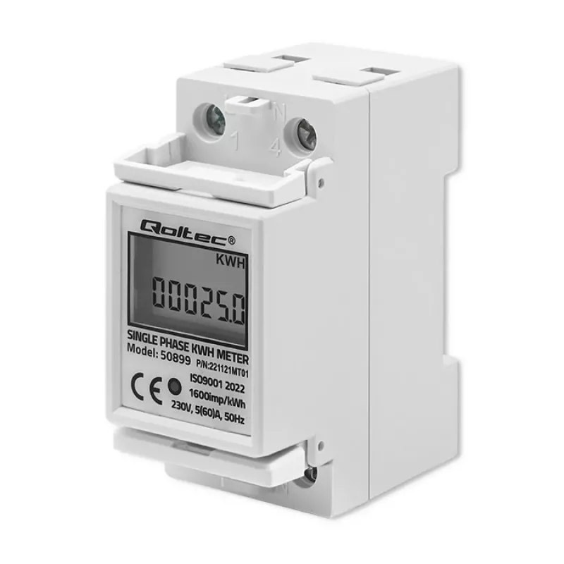 Yksivaiheinen energiankulutusmittari QOLTEC 50899 230 V 50 Hz, 5(60)A, luokka 1.0, LCD