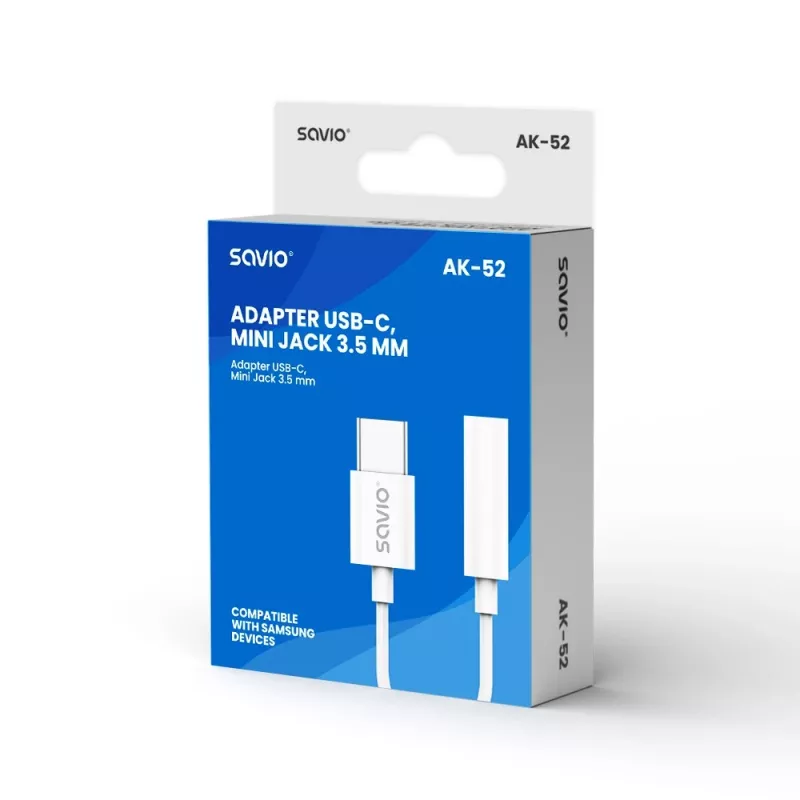 USB Type 3.1 C (M) – 3,5 mm Jack (F) audioadapteri valkoinen SAVIO AK-52